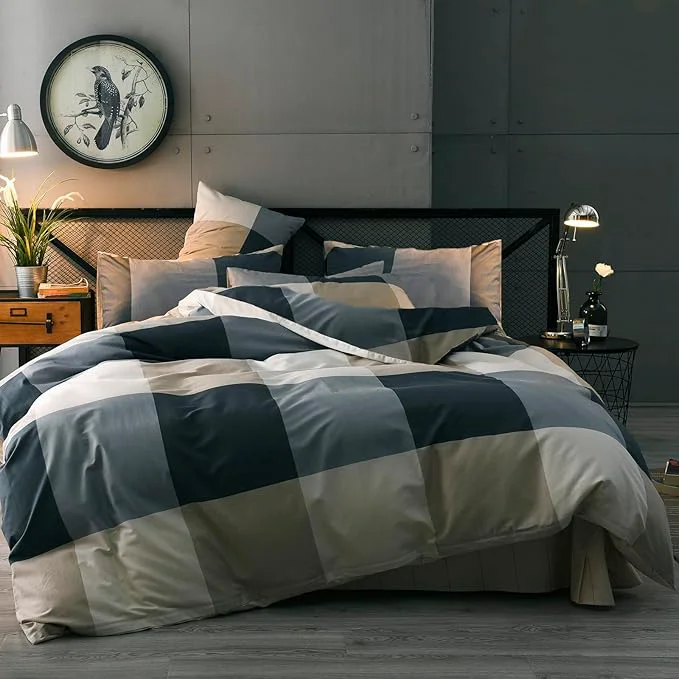 Advanced mixinni Queen Size Checkered Duvet Cover Set - 3 Piece Grey Geometric Cotton Bedding Set with Zipper Closure amp Corner Ties Washed Cotton Soft Breathable Duvet Cover for Men Women Teens Queen High-Performance