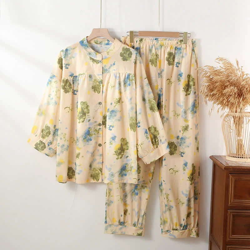 Functional Ownkoti Oriental Ink Floral Cotton Loungewear Set Crafted