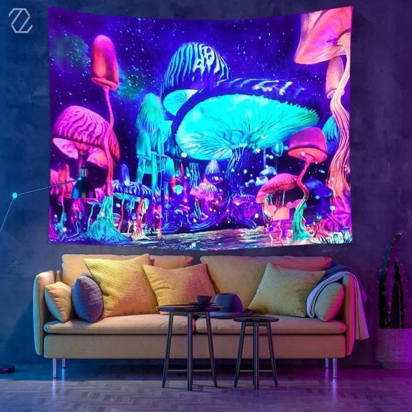 Premium KAJIABELL Blacklight Trippy Mushroom Tapestry Excellent
