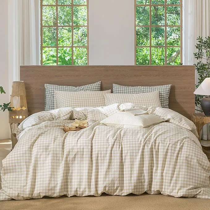 Classic MooMee Gingham Duvet Cover Set Washed Cotton Linen Like Textured Breathable Durable Soft Comfy Modern Checkered Design Almond Milk Grey Gingham Cal King 104 quot x98 quot Contemporary