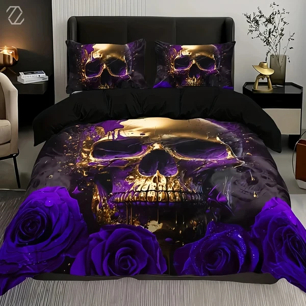 Convenient Purple Rose Skull Duvet Cover Soft
