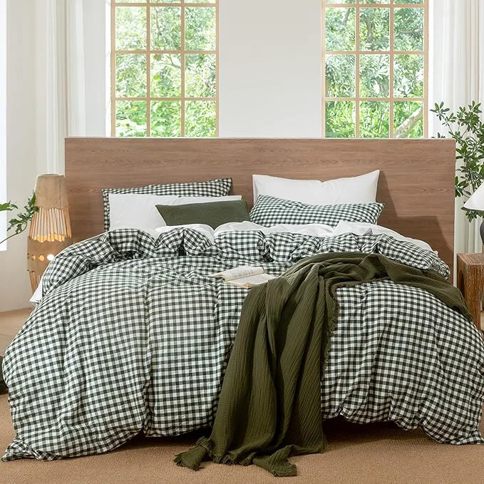 Sophisticated MooMee Gingham Duvet Cover Set Washed Cotton Linen Like Textured Breathable Durable Soft Comfy Modern Checkered Design Forest Green Gingham Oversized Queen 98 quot x98 quot Stylish