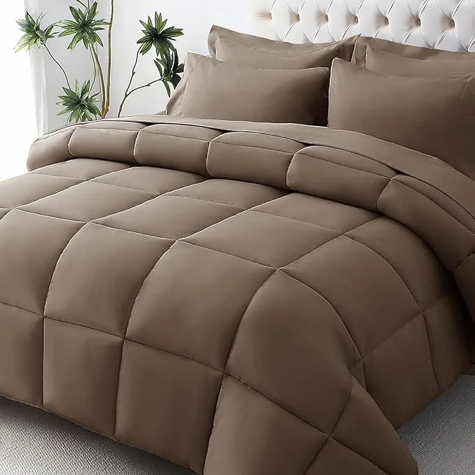 Sustainable JOLLYVOGUE Queen Comforter Set Ultra-Soft Bed in a Bag Queen Size 7 Pieces Oeko-TEX Bedding Set with Down Comforter Sheets Pillowcases amp Shams Brown Stylish