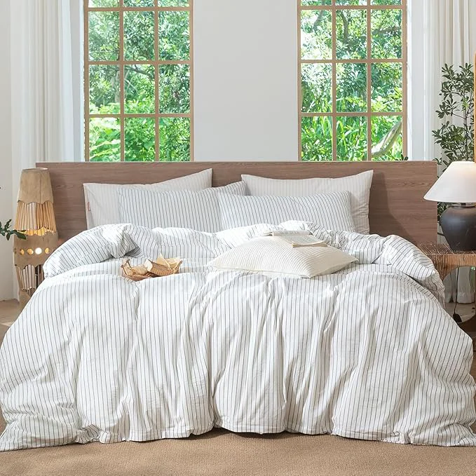 Advanced MooMee Striped Duvet Cover Set Washed Cotton Linen Like Textured Breathable Durable Soft Comfy White Heathered Green Wide Stripes Queen 90 quot x90 quot Fine Crafted