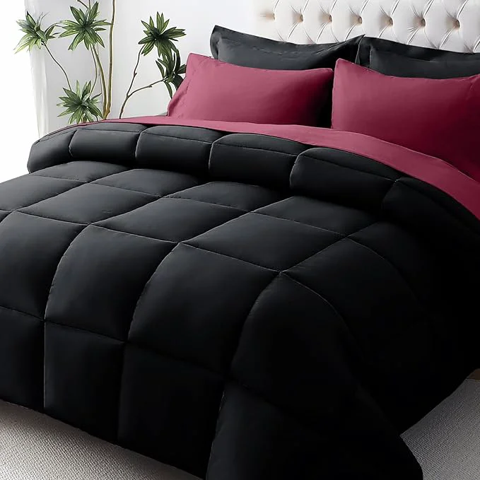 Comfortable JOLLYVOGUE Queen Comforter Set Ultra-Soft Bed in a Bag Queen Size 7 Pieces Oeko-TEX Bedding Set with Down Comforter Sheets Pillowcases amp Shams Burgundy amp Black Trusted