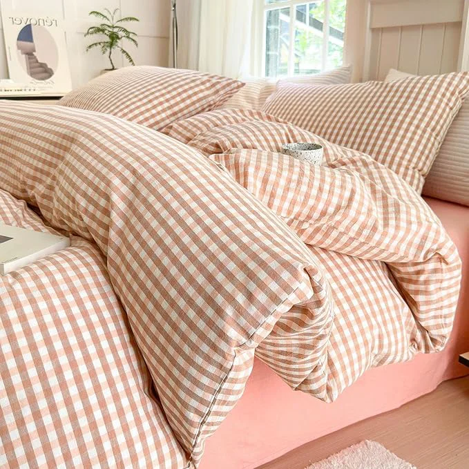 Durable LifeTB Queen Comforter Set Pink Gingham Comforter Modern Style Blush Plaid Comforter Set 3 Pieces Grid Checkered Comforter with 2 Pillowcases Fluffy Soft Boho Gingham Bedding Set Queen Size Smart