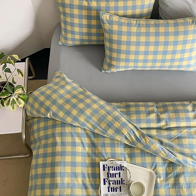 Trendy mixinni Yellow Blue Green Checkered Duvet Cover Set - Full Size 3-Piece Cotton Bedding Set Soft amp Breathable Geometric Plaid Comforter Cover with Zipper for All Seasons High-Quality