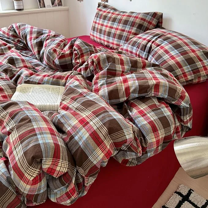 Convenient LifeTB Red Brown Plaid Comforter Set Queen 3 Pieces Vintage Checkered Grid Bed Comforter with 2 Pillowcases Breathable Soft Comfy Farmhouse Plaid Pattern Printed Gingham Bedding Comforter Set Genuine