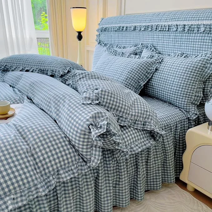 Original Design LifeTB Blue Gingham Comforter Set Full Size Ruffle Plaid Grid Bed Comforter Set with 2 Pillowcases Lightweight Gingham Bedding Set Soft Fluffy Farmhouse Plaid Checkered Pattern Comforter Full Size Smooth