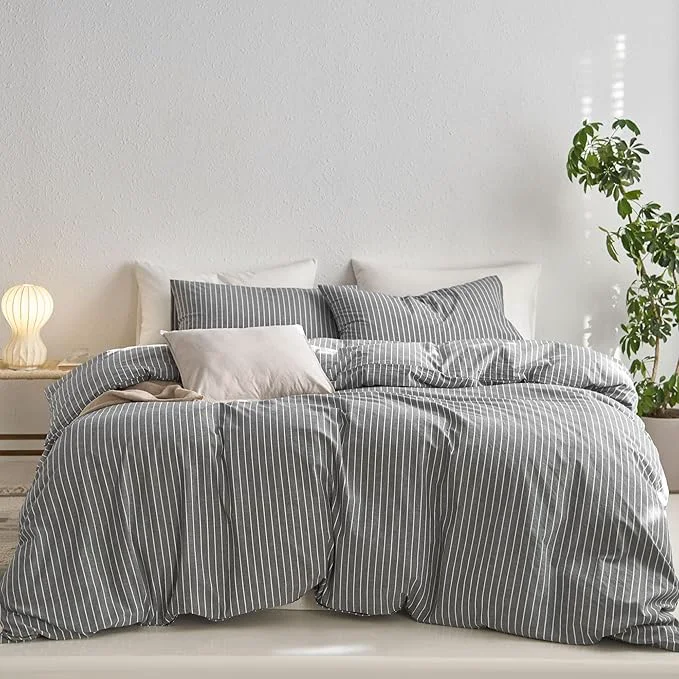 Next-Generation MooMee Striped Duvet Cover Set Washed Cotton Linen Like Textured Breathable Durable Soft Comfy Dark Grey White Wide Stripes Oversized Queen 98 quot x98 quot Secure