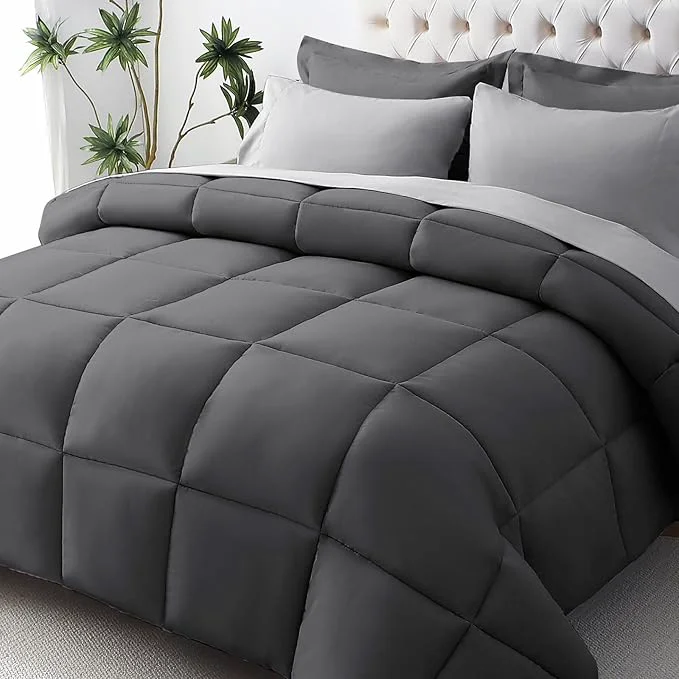 Fashionable JOLLYVOGUE King Comforter Set Ultra-Soft Bed in a Bag King Size 7 Pieces Oeko-TEX Bedding Set with Down Comforter Sheets Pillowcases amp Shams Dark amp Light Grey Selected