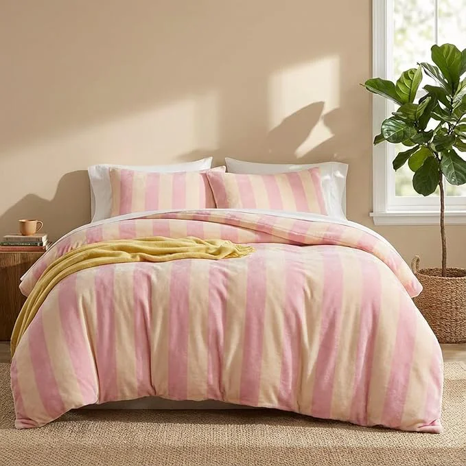 Quality Bedbay Pink Striped Comforter Set Queen Luxury Velvet Comforter Set Cozy Reversible Fleece Soft amp Warm Fluffy Flannel Bedding Set Blush Yellow Stripes Pattern Queen Bed Set 3 Pcs with Pillowcases High-Performance