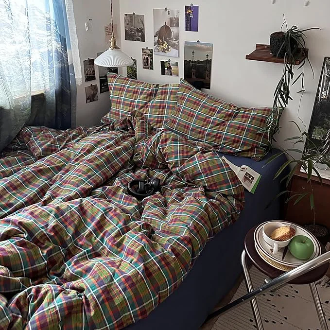 Certified mixinni Buffalo Plaid Duvet Cover King Size - Washed Cotton 3-Piece Bedding Set for All Seasons Retro Grid Design Soft Breathable Comforter Cover with Zipper Ties for Men Women-King Size Flexible