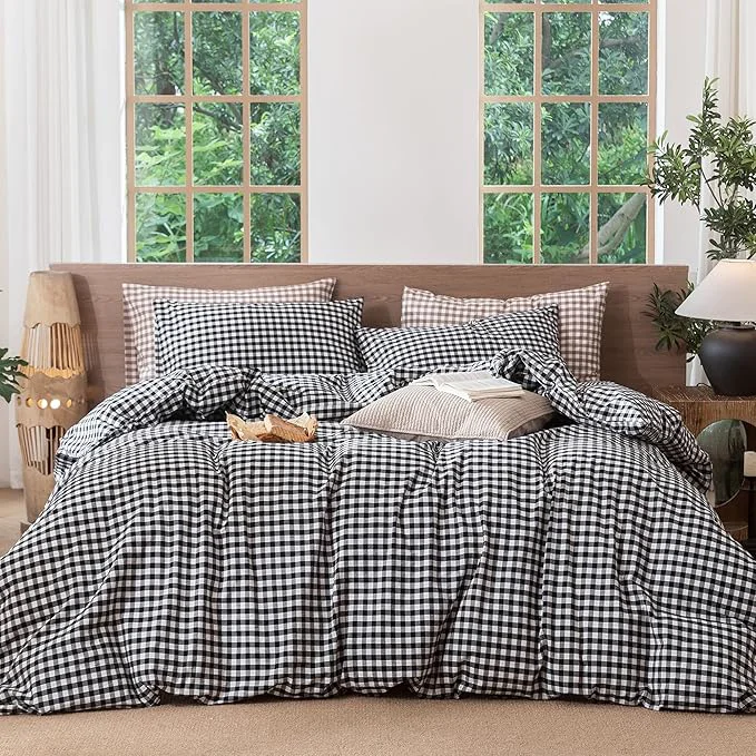 Recyclable MooMee Gingham Duvet Cover Set Washed Cotton Linen Like Textured Breathable Durable Soft Comfy Modern Checkered Design Black White Gingham Super King 108 quot x98 quot Verified