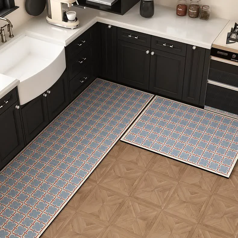 Specialty Ownkoti Diatom Mud Vintage Blue Geometric Kitchen Rug Classic