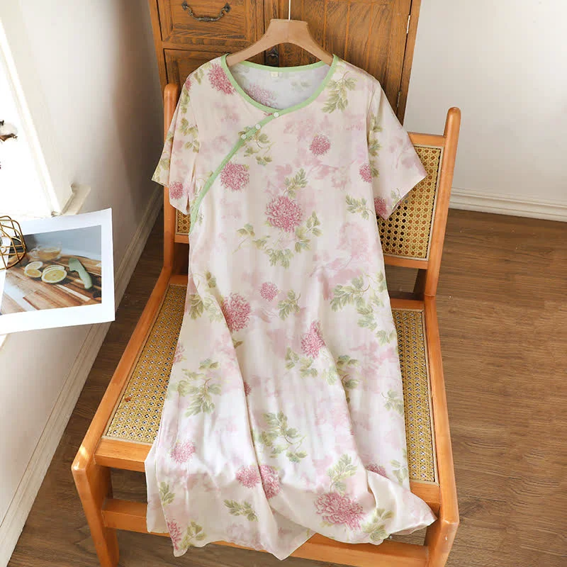 Selected Ownkoti Romantic Oriental Floral Short Sleeve Nightgown Fine Crafted