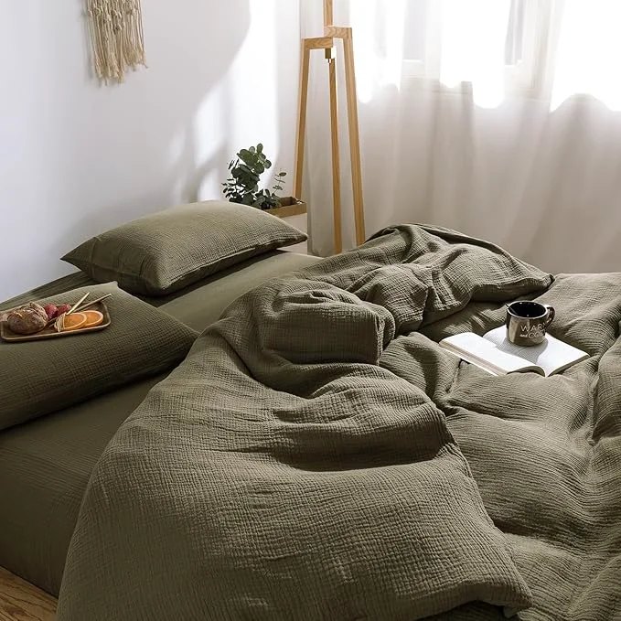 Smooth mixinni Olive Green Waffle Weave Duvet Cover Set King 3-Piece Natural Washed Cotton Triple-Layer Gauze Solid Bedding Set Soft Breathable Minimalist Comforter Cover with Zipper amp Ties-King First-Class