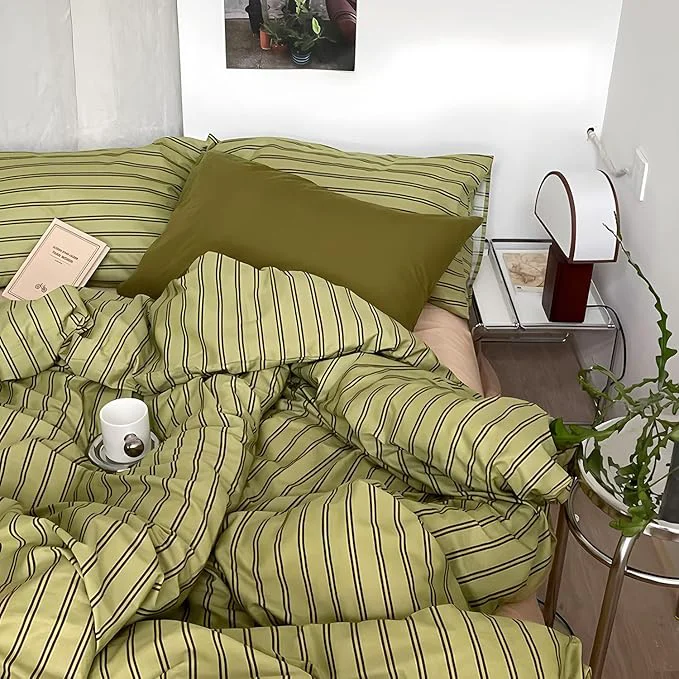 Smart mixinni Vintage Stripes Duvet Cover Set Twin - 3-Piece Mid-Century Cotton Olive amp Taupe Striped Bedding Soft Breathable All-Season Comforter Cover with Zipper Closure amp Corner Ties-Twin Size Sophisticated