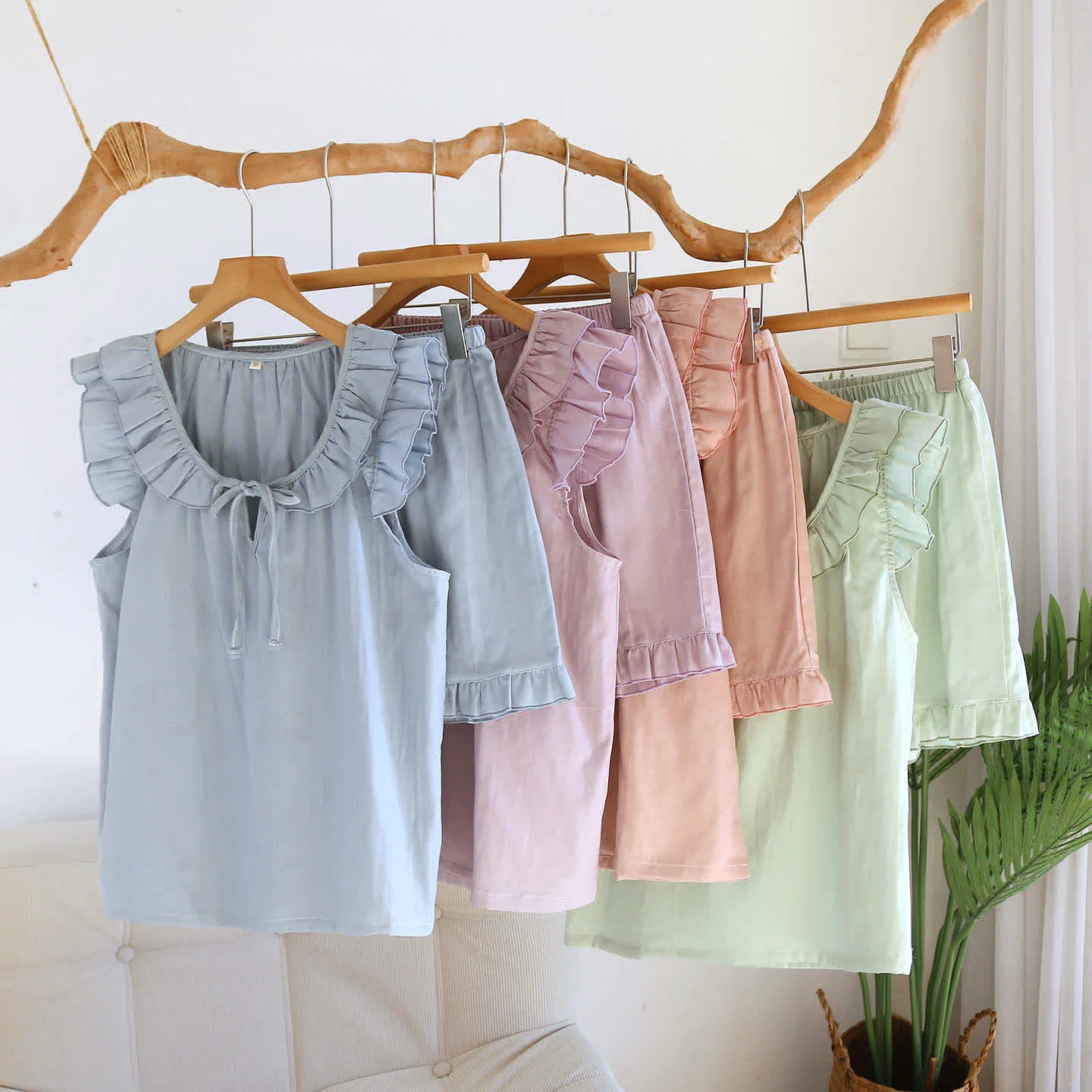 Enhanced Ownkoti Solid Color Ruffled Tank Pajama Set Clean