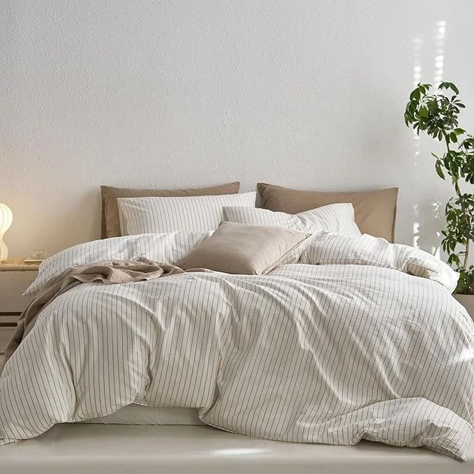 Premium MooMee Striped Duvet Cover Set Washed Cotton Linen Like Textured Breathable Durable Soft Comfy White Tannish Linen Grey Wide Stripes Queen 90 quot x90 quot Contemporary