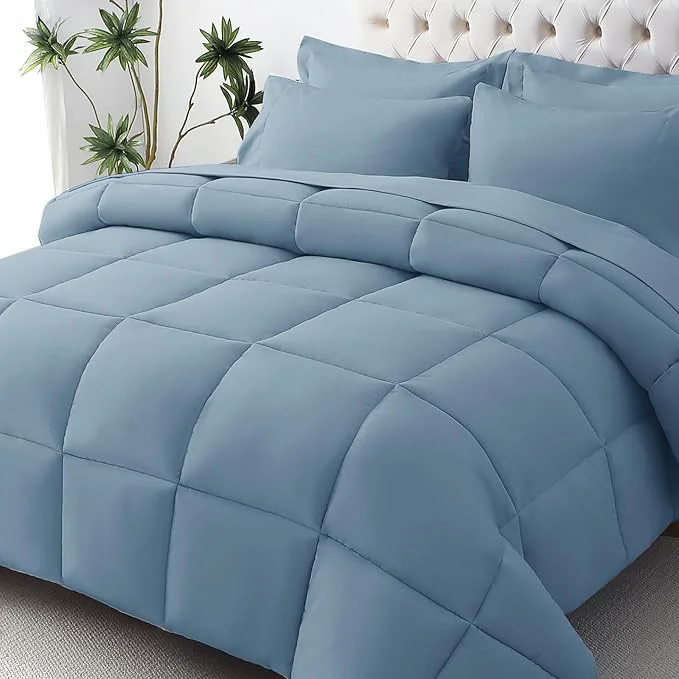 Official JOLLYVOGUE Queen Comforter Set Ultra-Soft Bed in a Bag Queen Size 7 Pieces Oeko-TEX Bedding Set with Down Comforter Sheets Pillowcases amp Shams Dusty Blue Pure