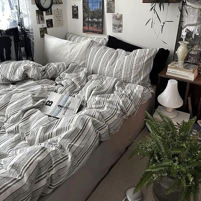 Pure mixinni Vintage Gray amp White Striped Duvet Cover Set - 3 Piece Washed Cotton Queen Size Bedding Minimalist Gender-Neutral Design Ultra-Soft Breathable with Zipper Closure amp Corner Ties Innovative