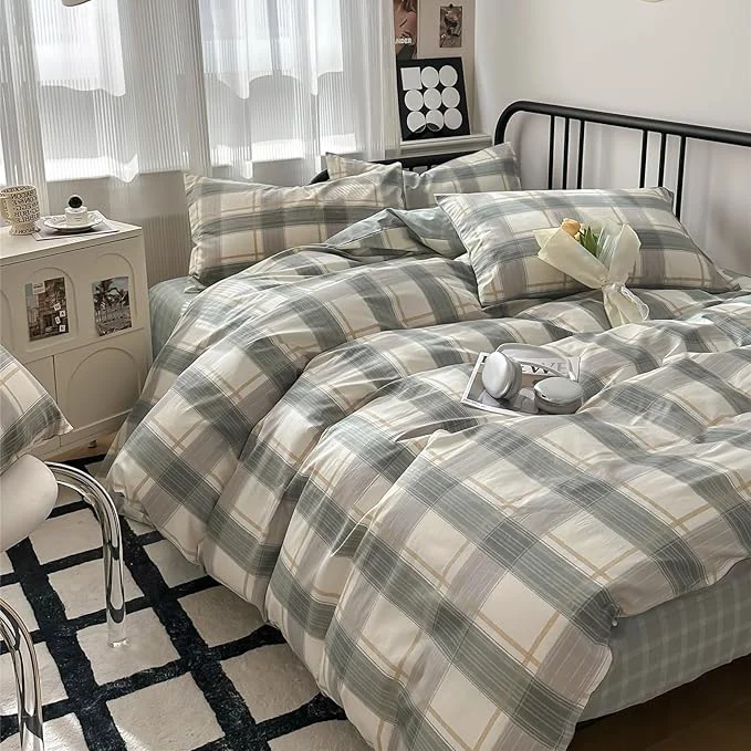 Functional mixinni Full Size Buffalo Plaid Duvet Cover Set - 3 Piece Green White Geometric Bedding Set with Zipper Closure amp Ties Washed Cotton Soft Breathable Duvet Cover for Men Women Teens Full Responsible