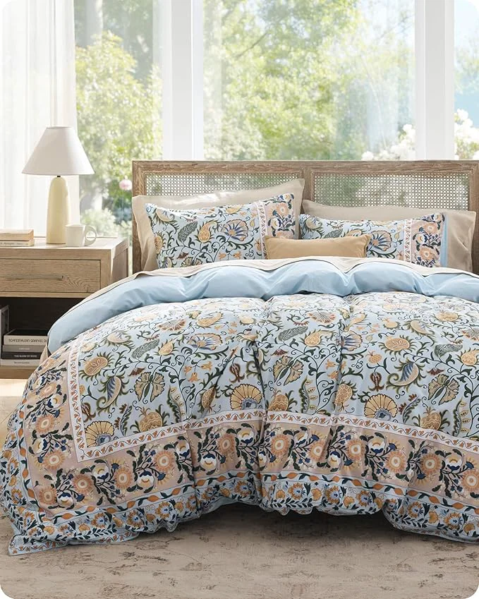 Solid Bedsure Duvet Cover King Size - Cotton Reversible Classic Frame Bordered Duvet Cover Set 3 Pieces Soft amp Breathable PureWoven Bedding Set with 2 Pillow Shams Vintage Blue Boho 104 quot x90 quot Stylish