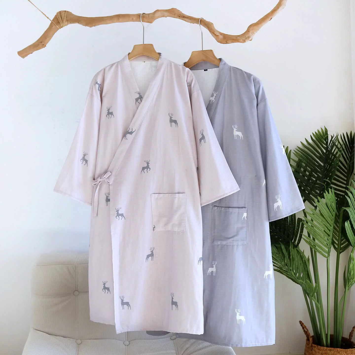 Artisan Ownkoti Couple Deer Cotton Gauze Kimono Bathrobe Secure