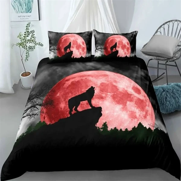 Authentic 3D Wolf Moon Quilt Cover Elegant