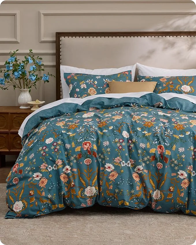 Innovative Bedsure Floral Duvet Cover Queen Size - Cotton Reversible Botanical Shabby Chic Duvet Cover Set 3 Pieces Soft amp Breathable PureWoven Bedding Set with 2 Pillow Shams Vintage Teal Floral 90 quot x90 quot Reliable