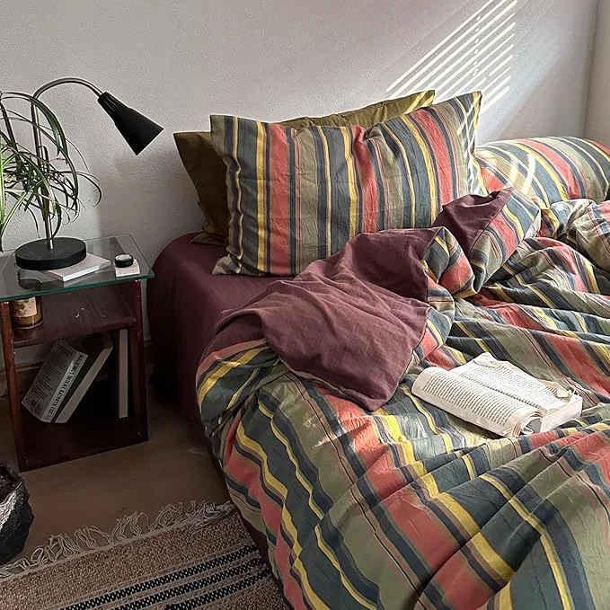 Reliable mixinni Vintage Striped Duvet Cover Set Full Size - 3 Piece Washed Cotton Bedding Set Soft amp Breathable Colorful Striped Pattern Printed Comforter Cover for All Seasons Practical