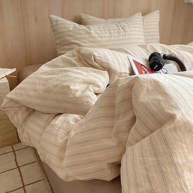 Sophisticated mixinni Retro Striped Duvet Cover Set Queen Size - Washed Cotton Beige Duvet Cover with Black White Stripes Soft Breathable 3 Piece Comforter Cover with Zipper Closure amp Corner Ties Luxury