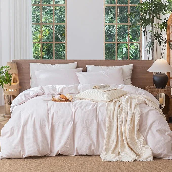 Classic MooMee Striped Duvet Cover Set Washed Cotton Linen Like Textured Breathable Durable Soft Comfy Heathered Greyish Pink Pinstripes King 104 quot x90 quot Safe