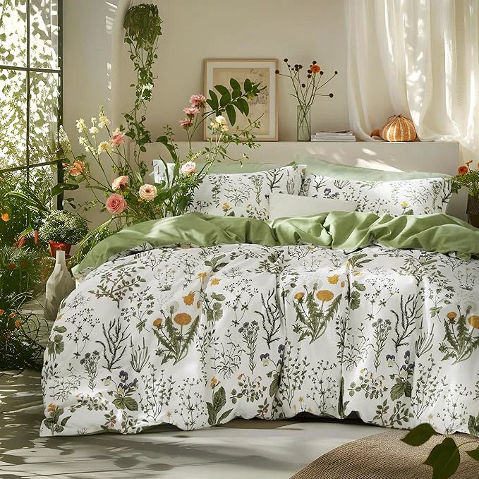Bedsure Duvet Cover King Size - Cotton Reversible Floral King Duvet Cover Set with Zipper Closure 3 Pieces Soft amp Breathable PureWoven Green Bedding Set with 2 Pillow Shams 20 quot x36 quot