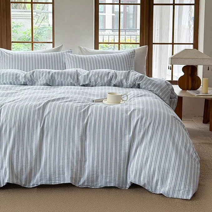 Expertly Made Striped Duvet Cover Set Washed Cotton Linen Like Soft Feelling Breathable Bedding White Cornflower Blue Strip King Contemporary