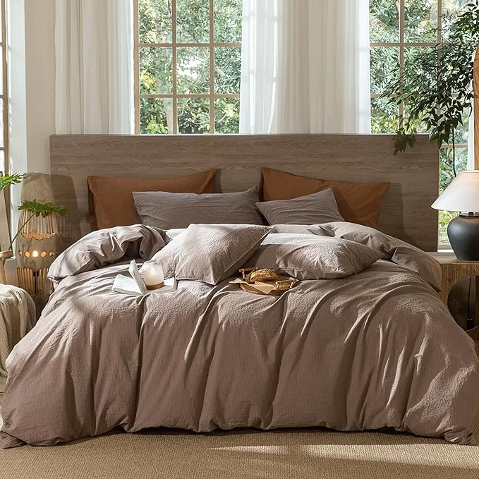 Artisan MooMee Wavy Striped Duvet Cover Set Washed Cotton Linen Like Textured Breathable Durable Soft Comfy Brown Oversized Queen 98 quot x98 quot Effective