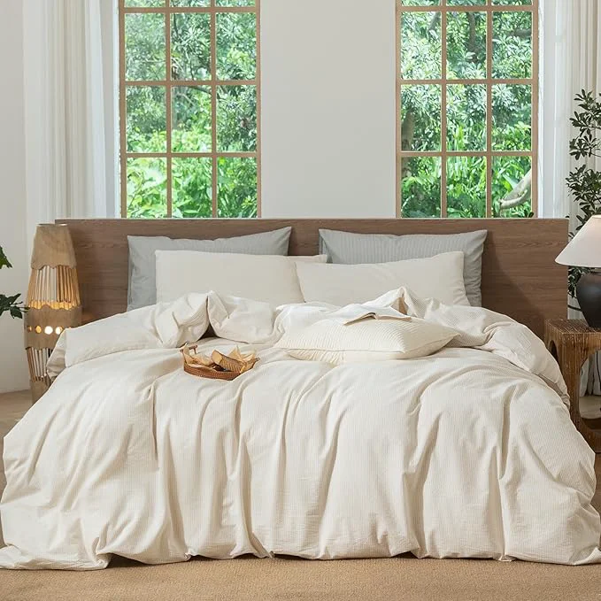 Artisan MooMee Striped Duvet Cover Set Washed Cotton Linen Like Textured Breathable Durable Soft Comfy Almond Milk Grey Pinstripes Super King 108 quot x98 quot Top-Quality