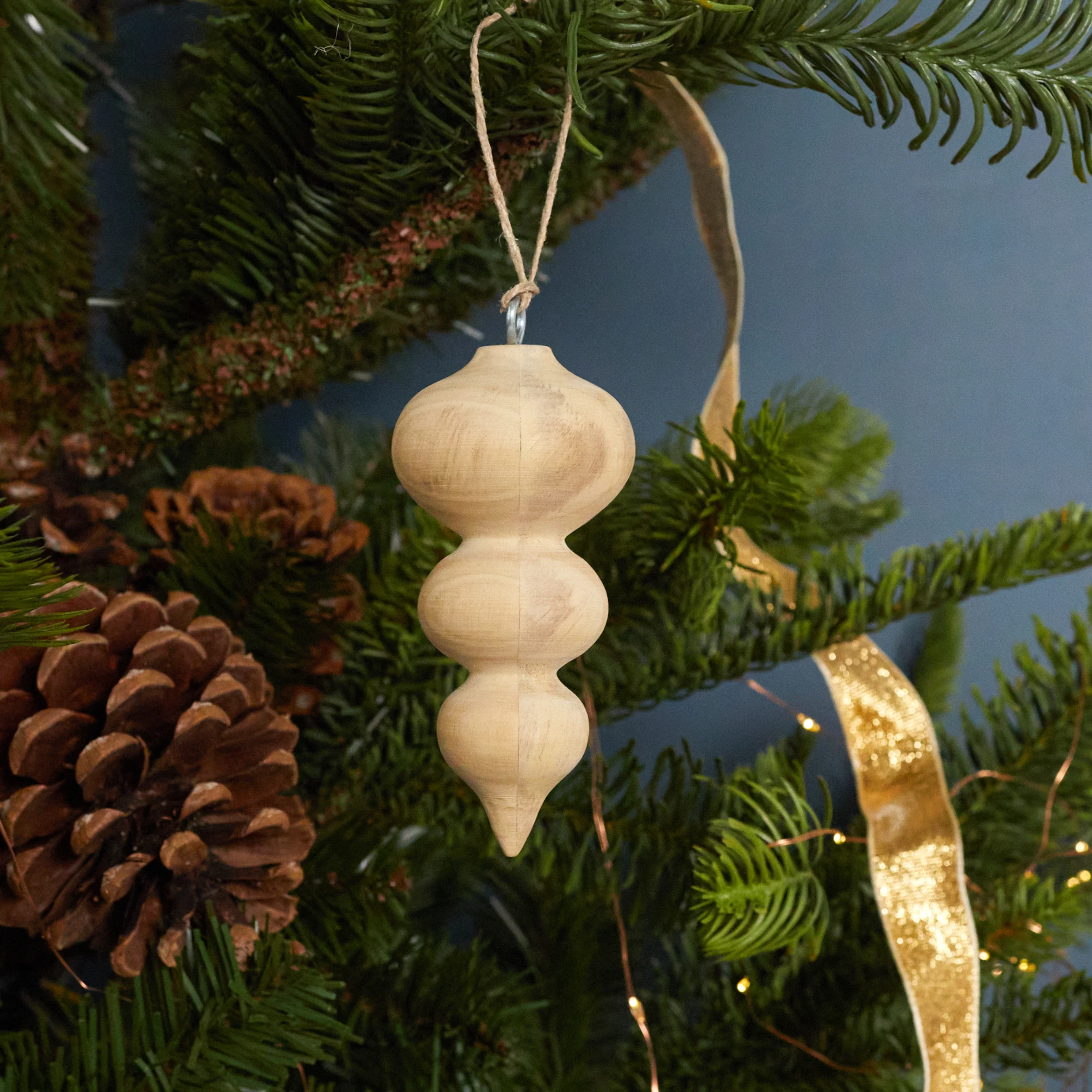 Minimalist Pine Triple Drop Spindle Ornament Refined