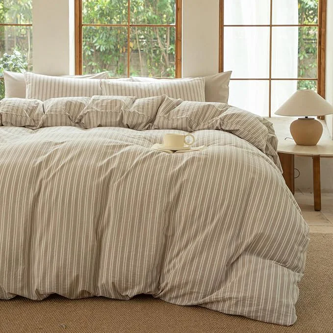Fine Crafted Striped Duvet Cover Set Washed Cotton Linen Like Soft Feelling Breathable Bedding Strip-Beige White Twin Official