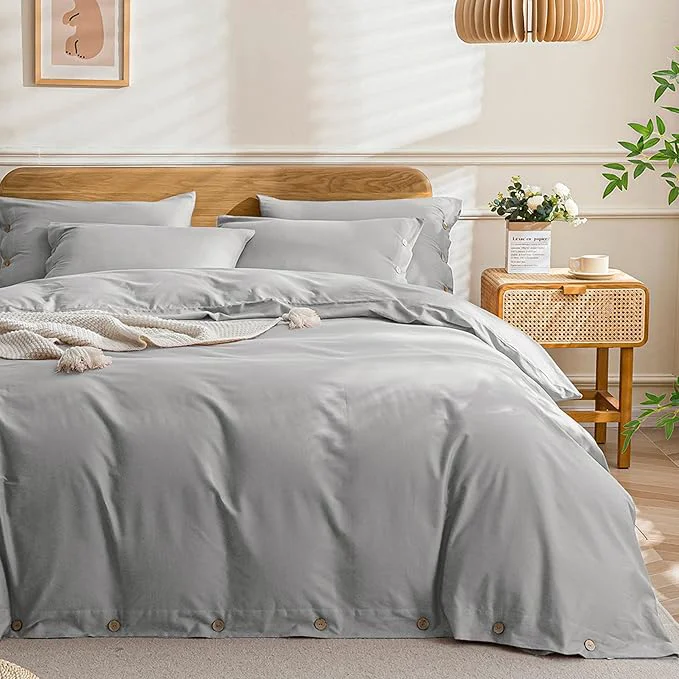 Sophisticated JELLYMONI Cotton Duvet Cover Cal King Size - Light Gray Comforter Cover with Button Washed Cotton 3PCS Breathable Soft Solid Bedding Set Duvet Cover 104×98in amp 2 Pillowcases NO Comforter Contemporary