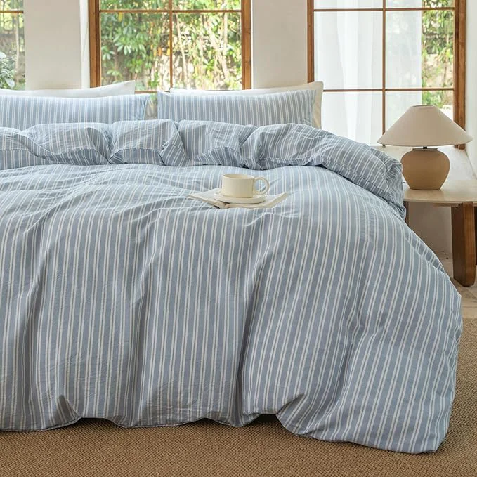 Modern Luxury Washed Cotton Linen Like Duvet Cover Set 3 Pcs Striped Duvet Cover with Zipper Closure Strip-Cornflower Blue White Twin Certified
