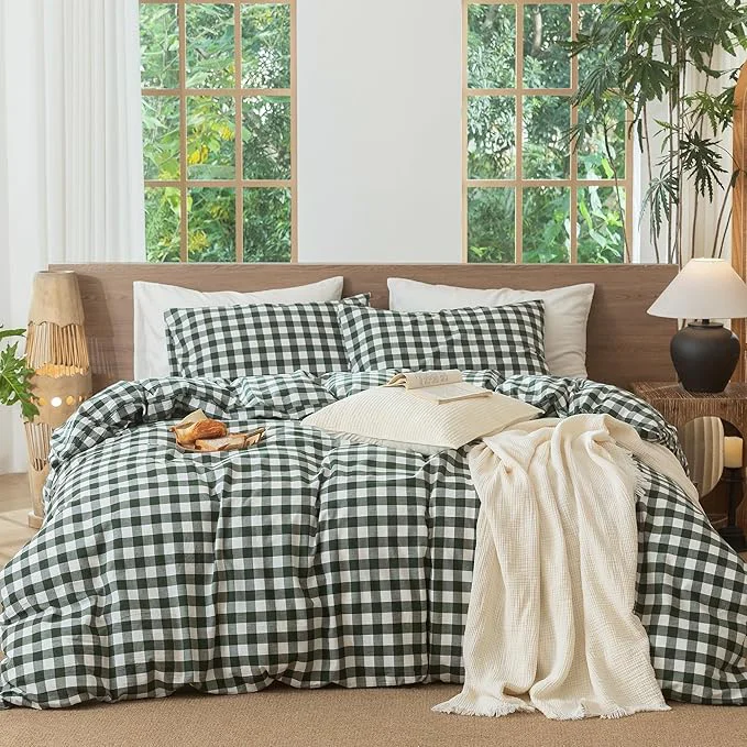 Traditional MooMee Gingham Duvet Cover Set Washed Cotton Linen Like Textured Breathable Durable Soft Comfy Modern Checkered Design Buffalo Plaid Forest Green Palatial King Oversized King 120 quot x98 quot Authentic