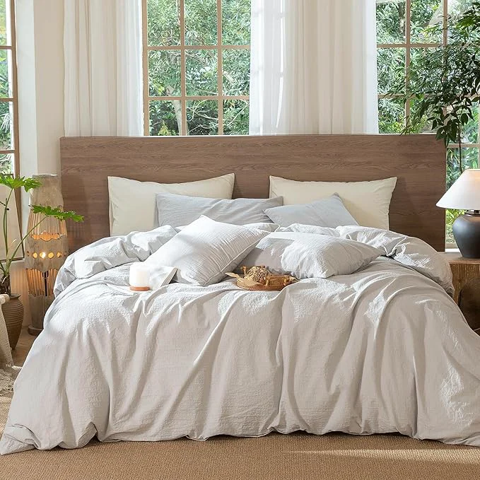 High-Grade MooMee Wavy Striped Duvet Cover Set Washed Cotton Linen Like Textured Breathable Durable Soft Comfy Light Grey Cal King 104 quot x98 quot Versatile