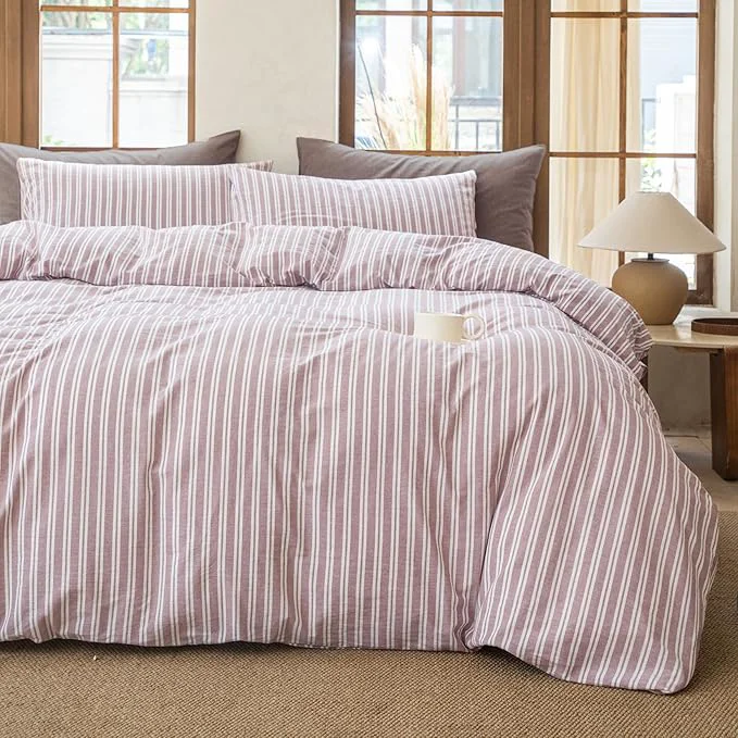 Trendy Striped Duvet Cover Set Washed Cotton Linen Like Soft Feelling Breathable Bedding Dusty Purple Queen Reusable