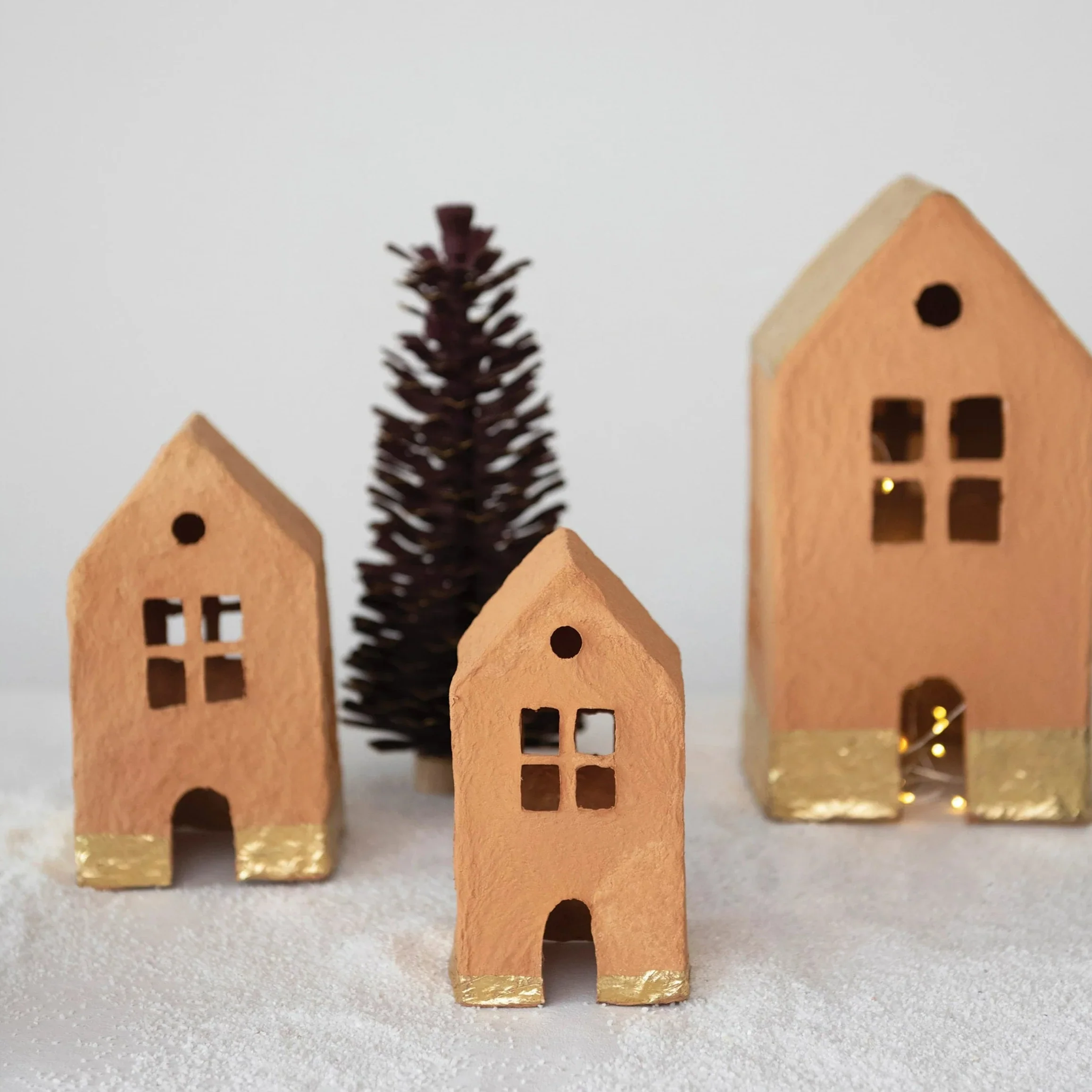 Verified Handmade Paper Mache Houses with Gold Foil Terracotta Set of 3 Reliable