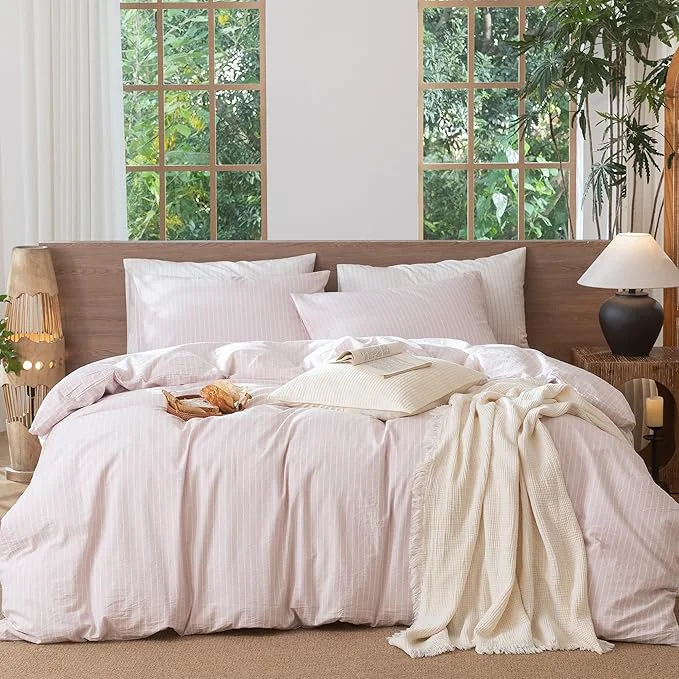 Expertly Made MooMee Striped Duvet Cover Set Washed Cotton Linen Like Textured Breathable Durable Soft Comfy Heathered Greyish Pink White Wide Stripes King 104 quot x90 quot Functional