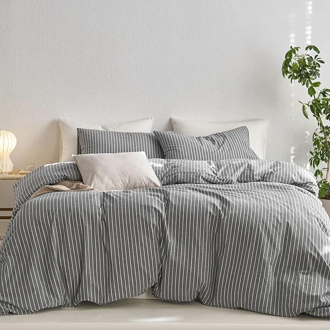 Innovative MooMee Striped Duvet Cover Set Washed Cotton Linen Like Textured Breathable Durable Soft Comfy Dark Grey White Wide Stripes King 104 quot x90 quot Eco-Friendly
