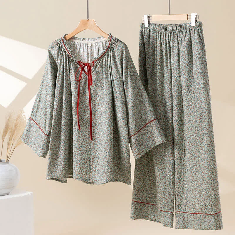 Luxury Ownkoti Green Floral Cotton Ruffled Loungewear Set Fine Crafted