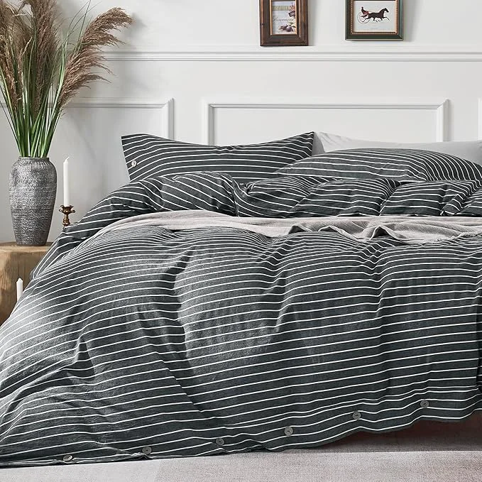 World-Class JELLYMONI Cotton Duvet Cover Twin Size - Gray Pinstriped Comforter Cover with Button Washed Cotton 2PCS Breathable Soft Solid Bedding Set Duvet Cover 68×90in amp 1 Pillowcase NO Comforter Natural